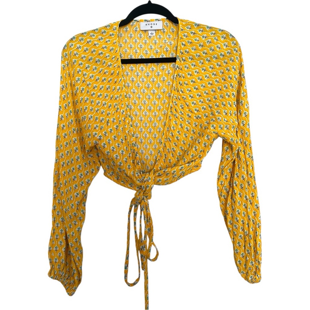 RHODE Yellow Crop Blouse with Tie Front and Notched Collar